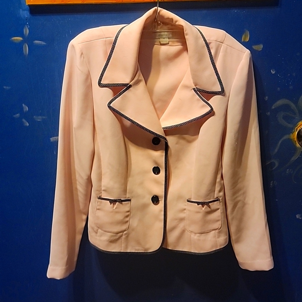 Light pink blazer with polka dot trim